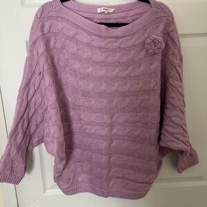 Lavender Cable Knit Sweater with Floral Accent